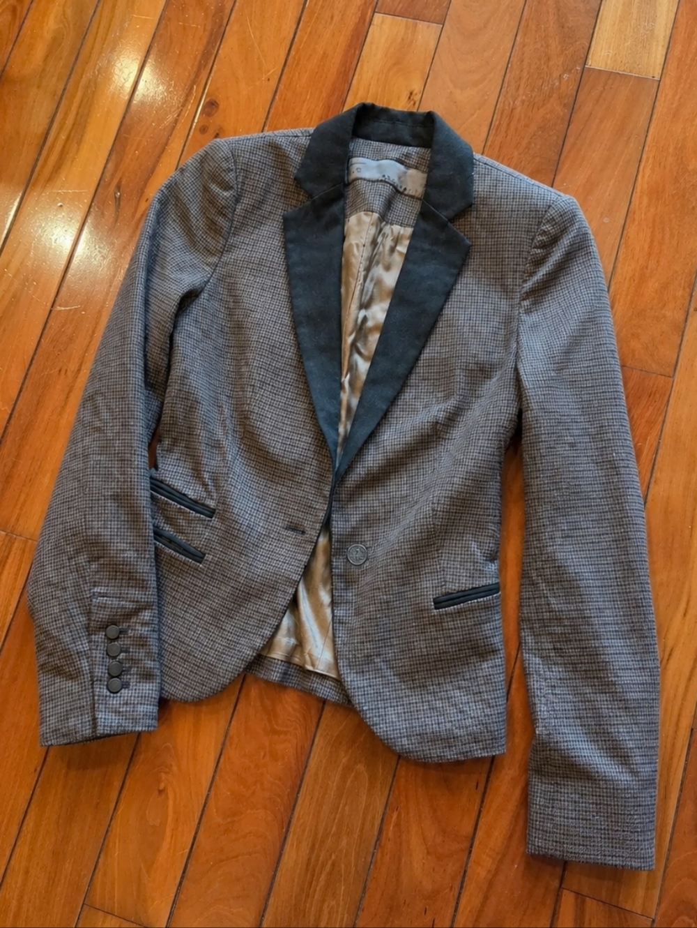 Zara Brown Houndstooth Blazer with Black Contrast Lapel XS